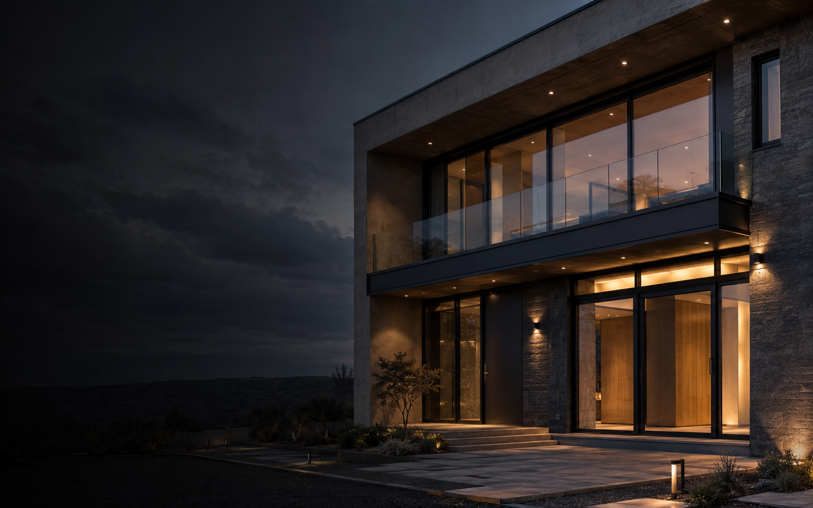 Koyu alüminyum doğrama ve cam balkon uygulamalı modern yapı